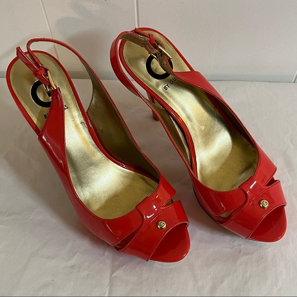 Coral scarlett orange Guess open toed heels summer shoes - Picture 2 of 8